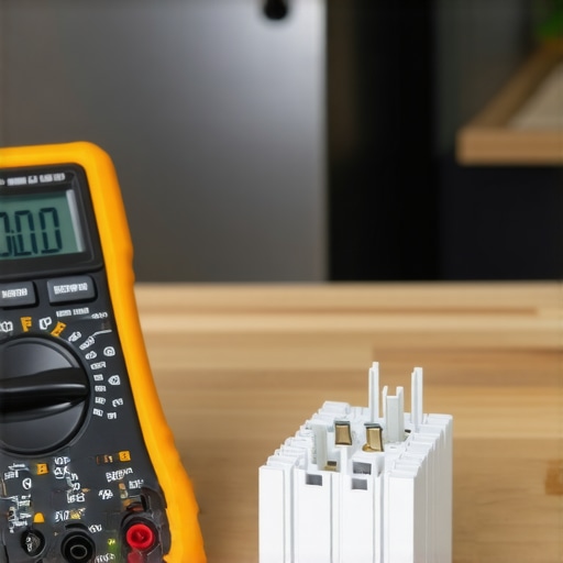 A digital multimeter being used to test a dishwasher thermal fuse for continuity on a workbench.