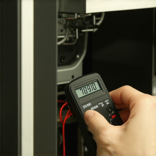 A technician or homeowner using a digital multimeter to check the continuity of a dishwasher part.