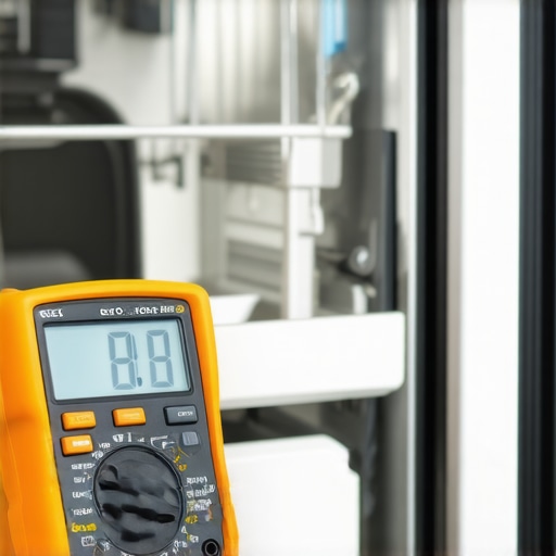 A digital multimeter being used to check the continuity of a dishwasher heating element for DIY repair.