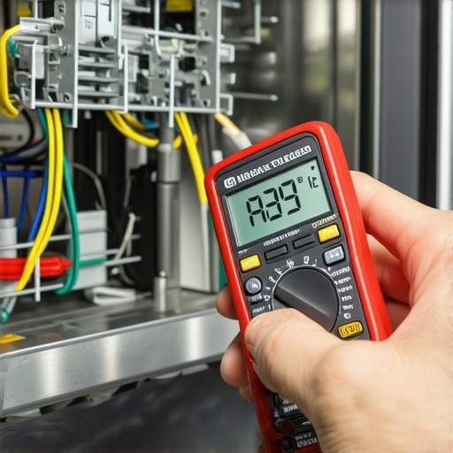 Digital multimeter testing a dishwasher heating element for continuity during a repair.