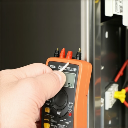 A technician using a multimeter to diagnose a dishwasher water valve failure.