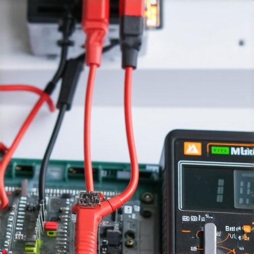 A person using a digital multimeter to diagnose a dishwasher electrical fault.