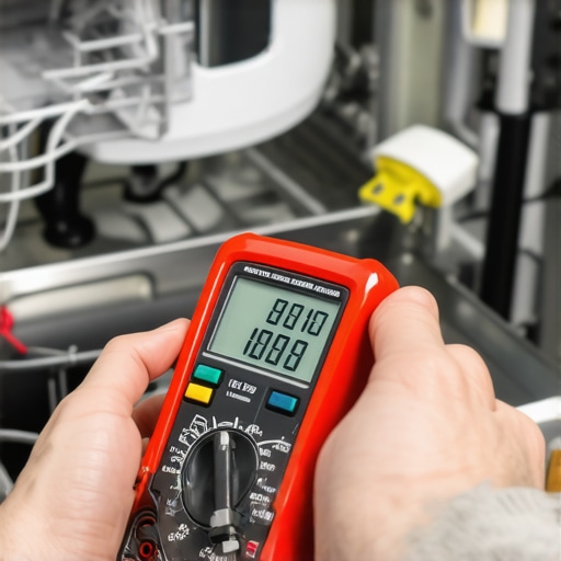A homeowner testing a dishwasher heating element for continuity using a digital multimeter.