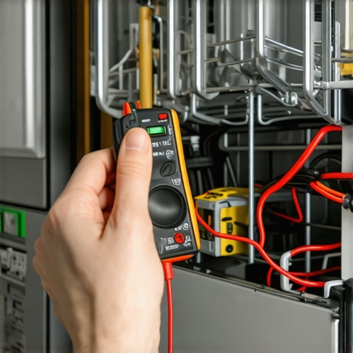 A digital multimeter probe touching the electrical terminal of a dishwasher heating element for diagnostic testing.