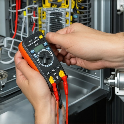 DIY technician using a multimeter to diagnose a dishwasher heating element.