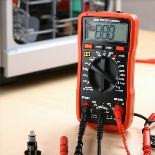 A digital multimeter being used to test a dishwasher thermal fuse for continuity on a workbench.