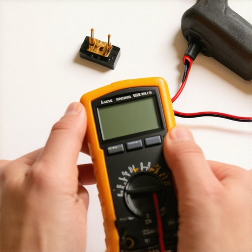 A close-up of a digital multimeter being used to test a dishwasher thermal fuse.