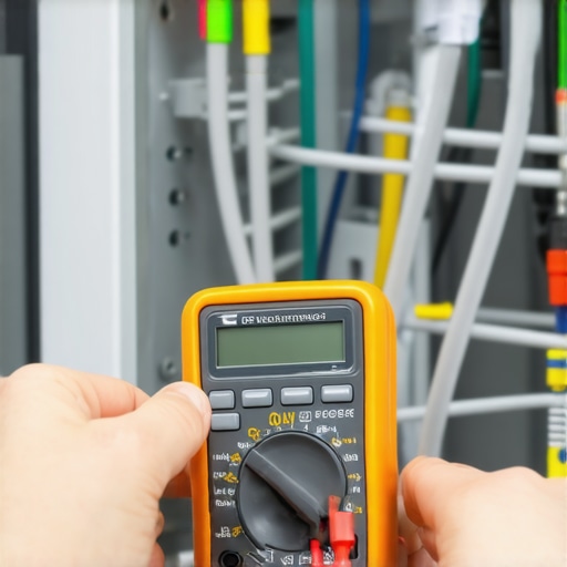 A homeowner using a digital multimeter to diagnose a dishwasher heating element for repair.