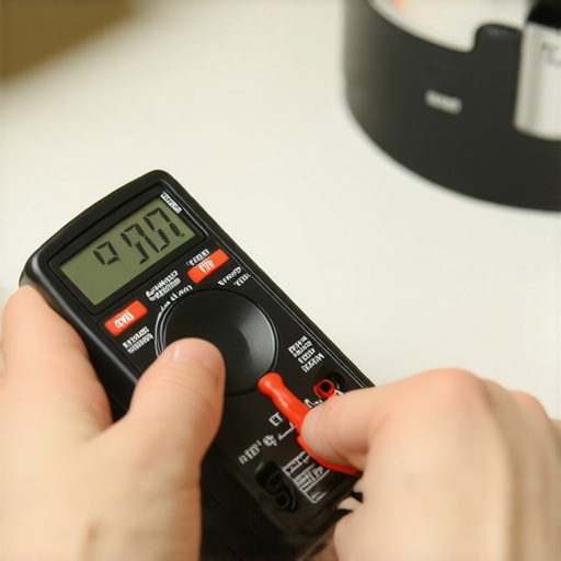 A technician using a multimeter to check a dishwasher thermal fuse for continuity.