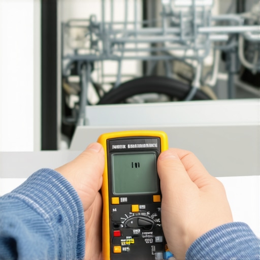 A DIY repair enthusiast using a multimeter to check the heating element of a dishwasher.