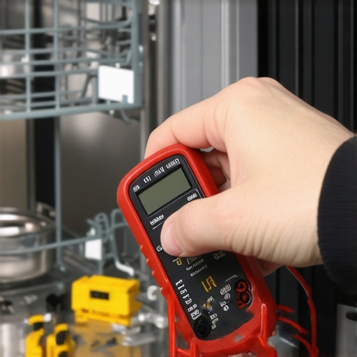A homeowner using a digital multimeter to diagnose an electrical issue in a dishwasher's bottom panel.