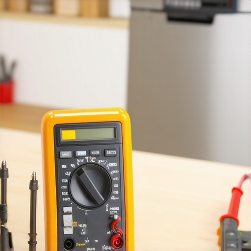 A digital multimeter being used to check a dishwasher thermal fuse for continuity during a DIY repair.