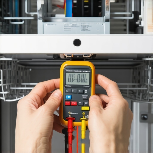 A DIY repair enthusiast using a digital multimeter to test dishwasher components for electrical continuity.