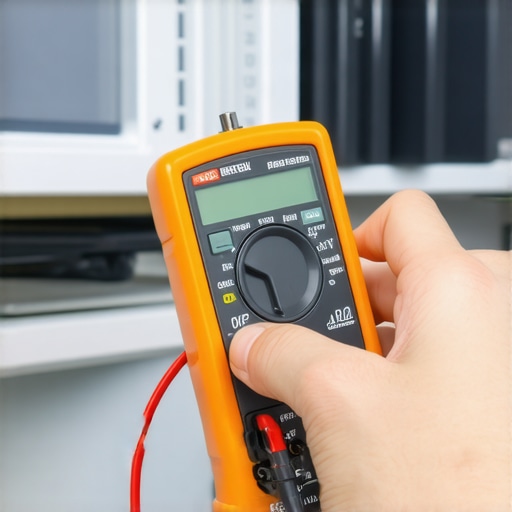 Testing Dishwasher Continuity with a Multimeter Hand holding multimeter probes against a dishwasher part for electrical testing.