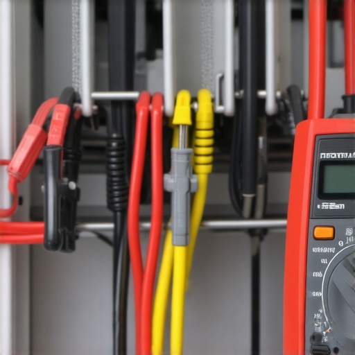 Hand holding a voltmeter probe against a dishwasher control board for diagnostic testing