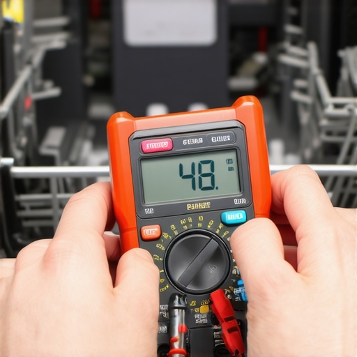 A person using a digital multimeter to test the resistance of a dishwasher heating element under the unit.