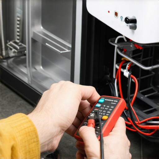 Close-up of multimeter probes testing a dishwasher float switch for continuity