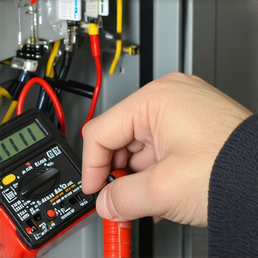 A person using a digital multimeter to check a dishwasher's heating element for continuity and ground faults.