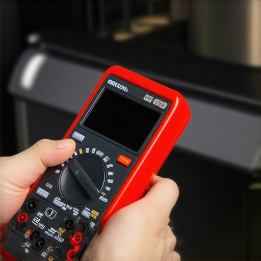 A close-up of a DIY repair using a multimeter to check a dishwasher heating element for continuity.