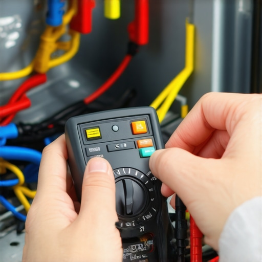 A technician using a multimeter to check resistance on a dishwasher part to ensure warranty compliance.