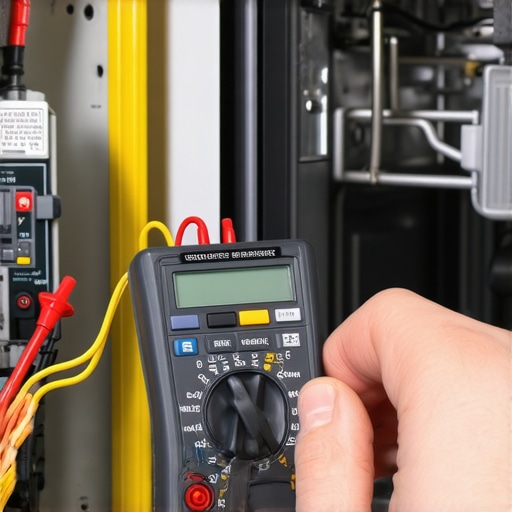 Close-up of multimeter testing a dishwasher water inlet valve for electrical continuity