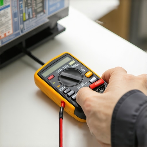 A digital multimeter testing the electrical terminals of a dishwasher circulation pump.