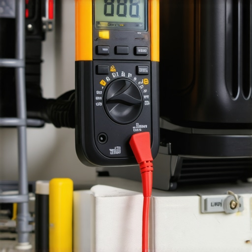 A digital multimeter testing the electrical resistance of a dishwasher circulation pump under a kitchen cabinet.