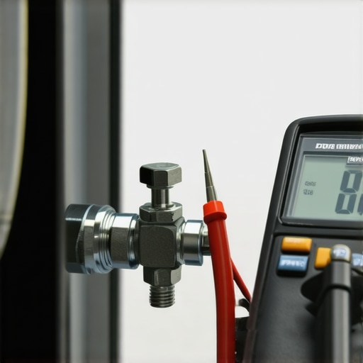 A technician performing a continuity test on a dishwasher water inlet valve solenoid using a multimeter.