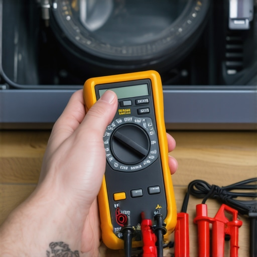 A homeowner using a digital multimeter to check a dishwasher part for electrical continuity.