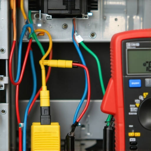 A technician using a multimeter to check the voltage of a dishwasher timer motor.