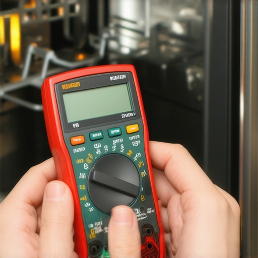 Close-up of a multimeter testing a dishwasher's electronic logic board for continuity.