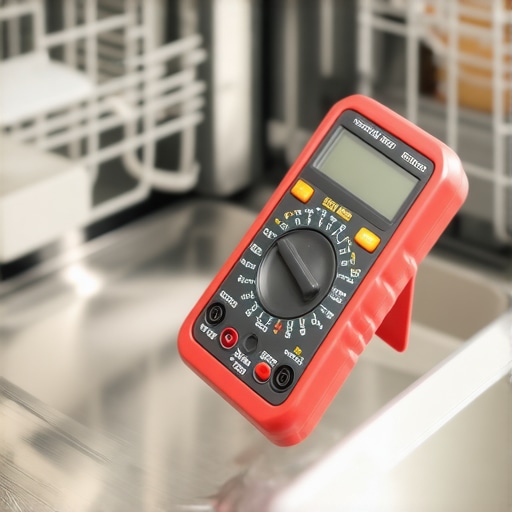 Person using a multimeter to test a dishwasher heating element for continuity.