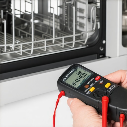 A DIY enthusiast uses a multimeter to diagnose a faulty dishwasher heating element.