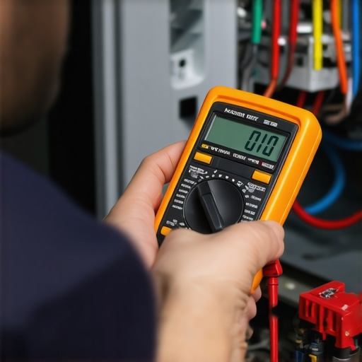 A technician performing advanced electrical diagnostics on a dishwasher motor using a multimeter.