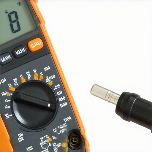A digital multimeter being used to check the continuity of a dishwasher thermal fuse on a repair bench.