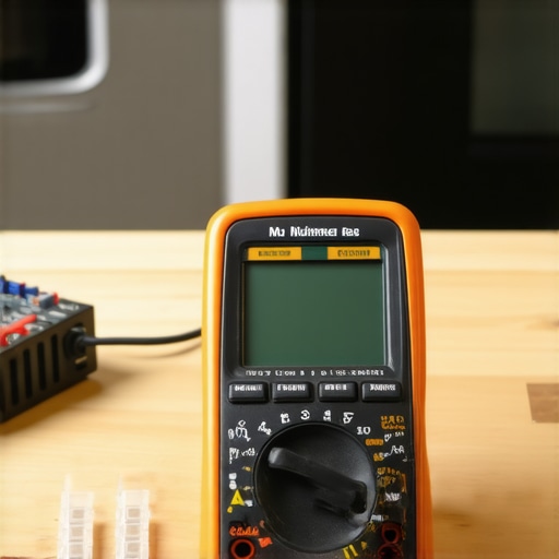 Hands using multimeter probes to test a dishwasher thermal fuse for continuity on a workbench.
