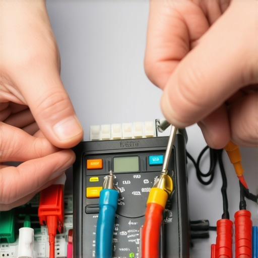 A digital multimeter being used to test a thermal fuse for continuity on a dishwasher door panel.