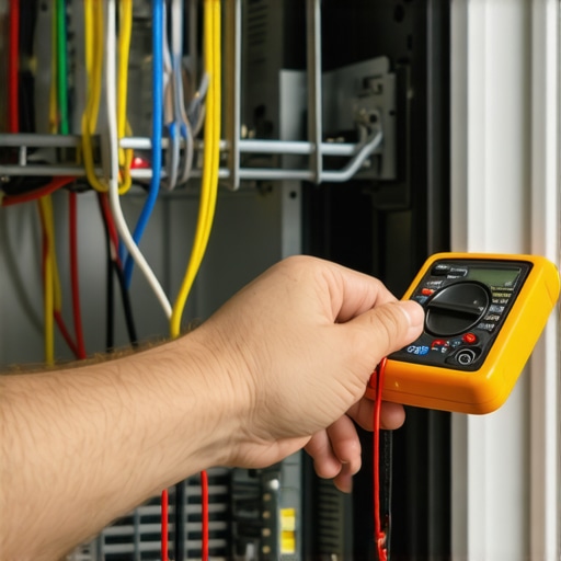 A DIYer using a multimeter to check for continuity on a dishwasher motor terminal.