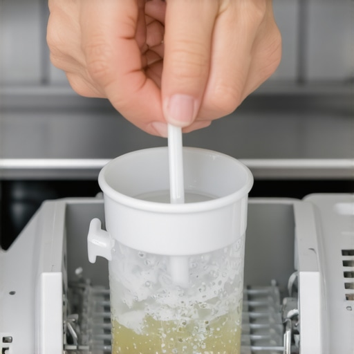 A person using a straw to perform non-destructive diagnostics on a dishwasher float switch