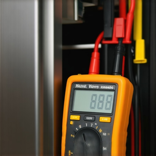 Close up of a multimeter testing a dishwasher component for warranty diagnostics.