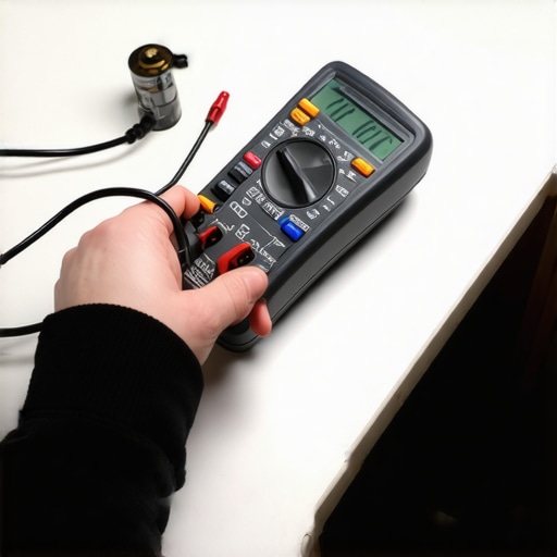 Close-up of a DIY repair using a multimeter to check the capacitor of a dishwasher circulation pump.