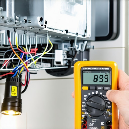 Hands using a multimeter to check dishwasher motor continuity for repair.