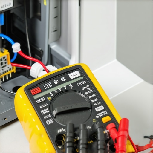 Testing a dishwasher thermal fuse for continuity A person using a multimeter to check a dishwasher thermal fuse before replacing the control board.