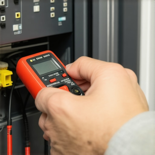 A close-up of a technician using a multimeter to check the continuity of a dishwasher thermal fuse.