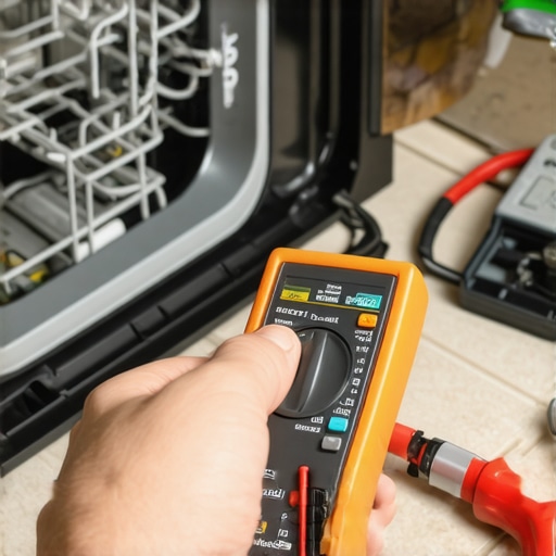 Testing a dishwasher water inlet valve with a multimeter Close up of dishwasher repair using a multimeter on an inlet valve