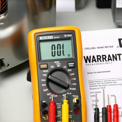 Multimeter probes testing dishwasher motor terminals near a service contract.
