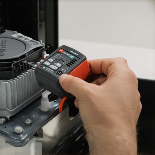 A technician testing the electrical contacts of a dishwasher pump with a digital multimeter