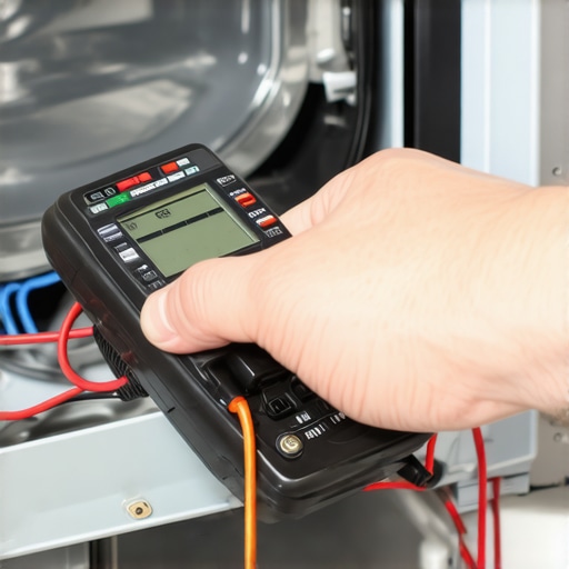 Close-up of a multimeter testing a dishwasher thermal fuse for continuity during a DIY repair.