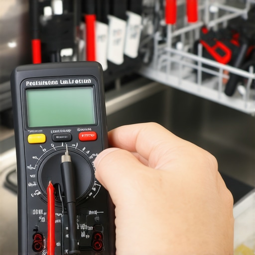 A digital multimeter measuring resistance on a dishwasher part to diagnose failure.