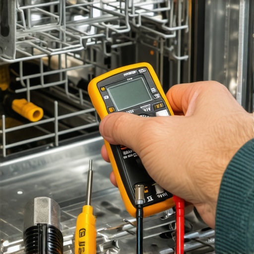 A technician using a multimeter on LoZ mode to check a dishwasher heating element for continuity.